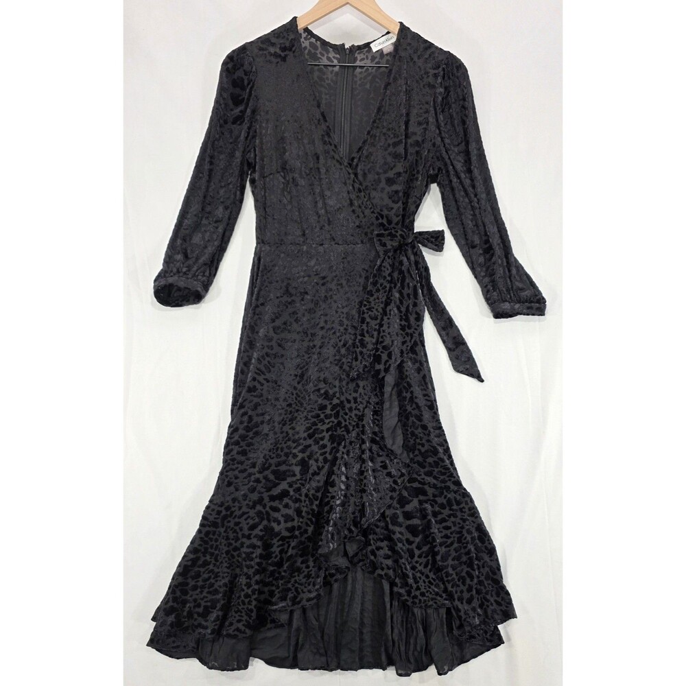 Calvin Klein Black Burnout Velvet Wrap Dress Whimsigoth Fairy Grunge Witchy Sz 4